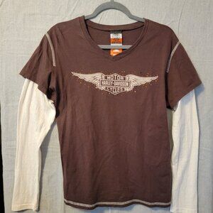 Harley Davidson Women's Long Sleeve Top, Brown/Beige, 2X
